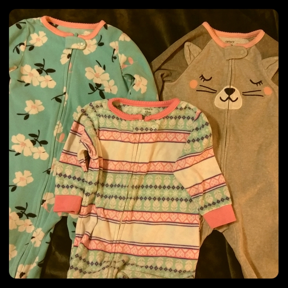 3 Pair Carter's Fleece Footie Pajamas 12 mo